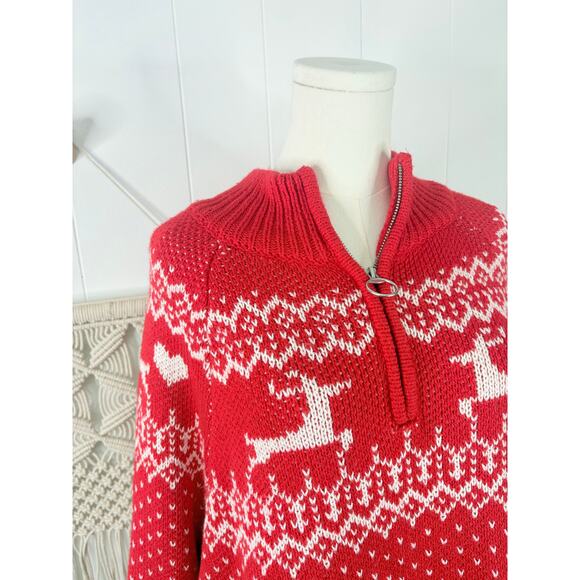 Aerie Red Christmas Sweater Size XL 1/4 Zip Holiday Fair Isle Reindeer - Picture 4 of 9